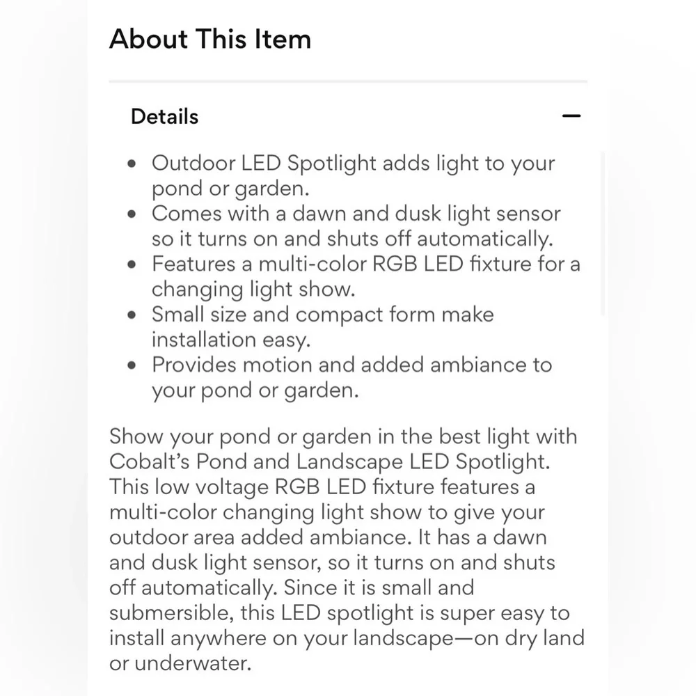 Cobalt Aquatics Pond & Landscape LED Spotlight - submersible multi-color LED NEW
